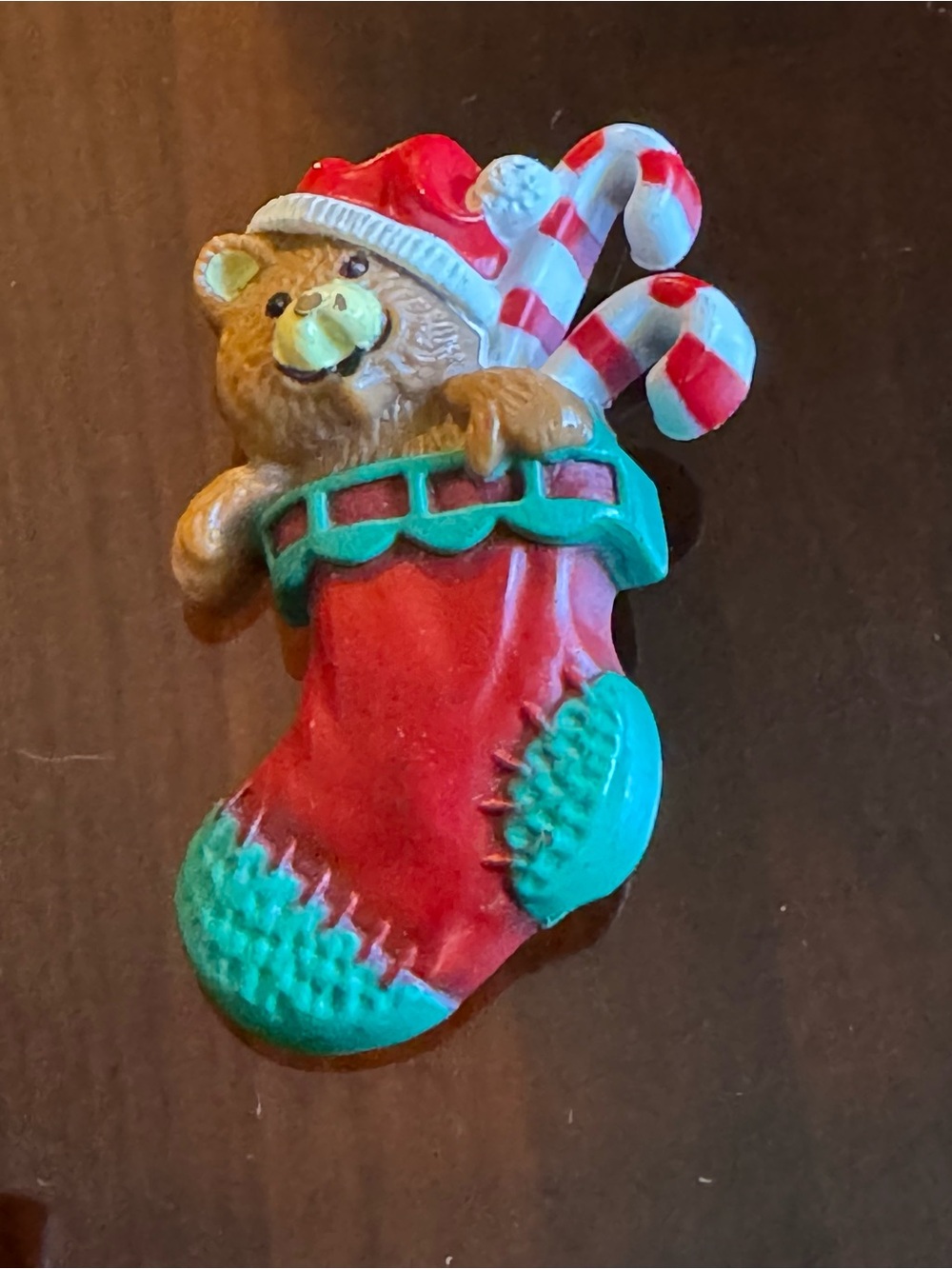 Vintage Hallmark Brooch Teddy Bear in Christmas Stocking